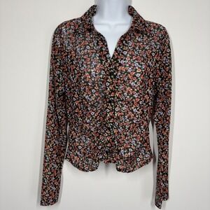 Anthropologie Ember Women Micro Floral Top Size L Black Semi Sheer Dark Romantic